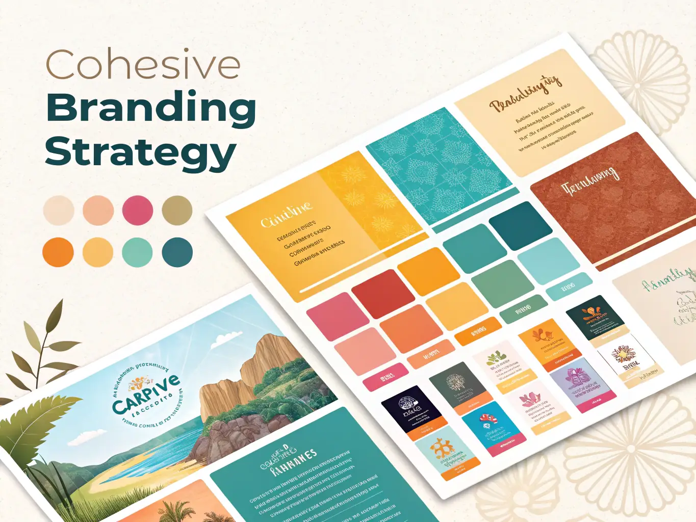 A visually appealing image of a branding board featuring logos, color palettes, and typography samples, illustrating comprehensive branding services.