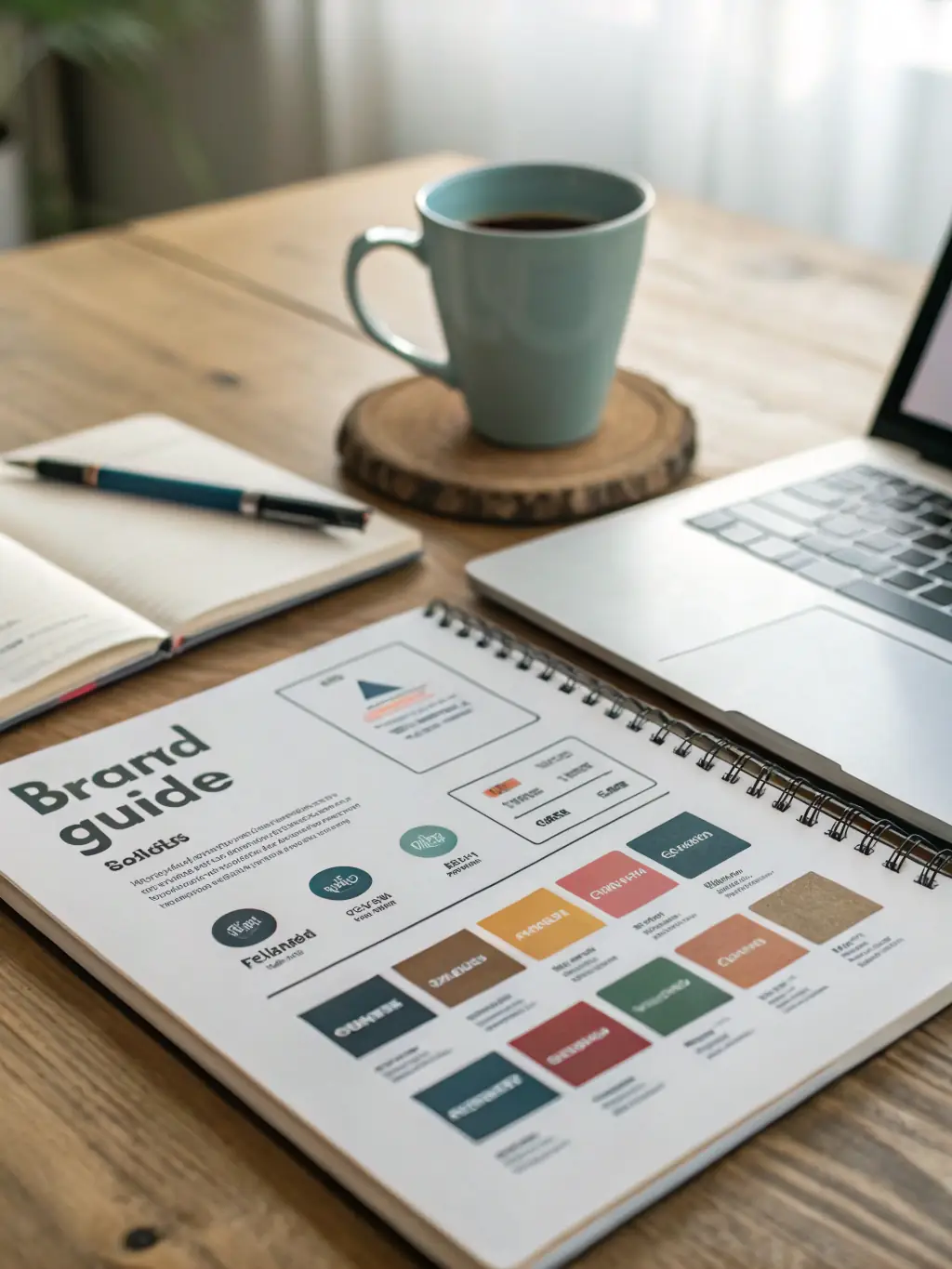 A set of brand guidelines displayed on a tablet, showcasing color palettes, typography, and logo usage for a consistent brand identity.