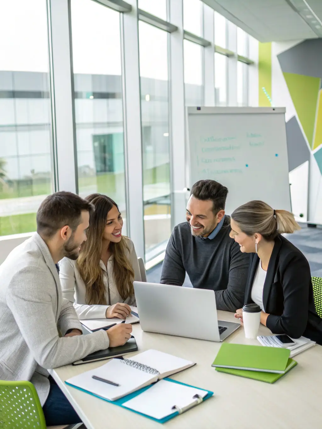 A professional photograph of a team brainstorming SEO strategies around a whiteboard filled with keywords and analytics charts, set in a modern office environment.
