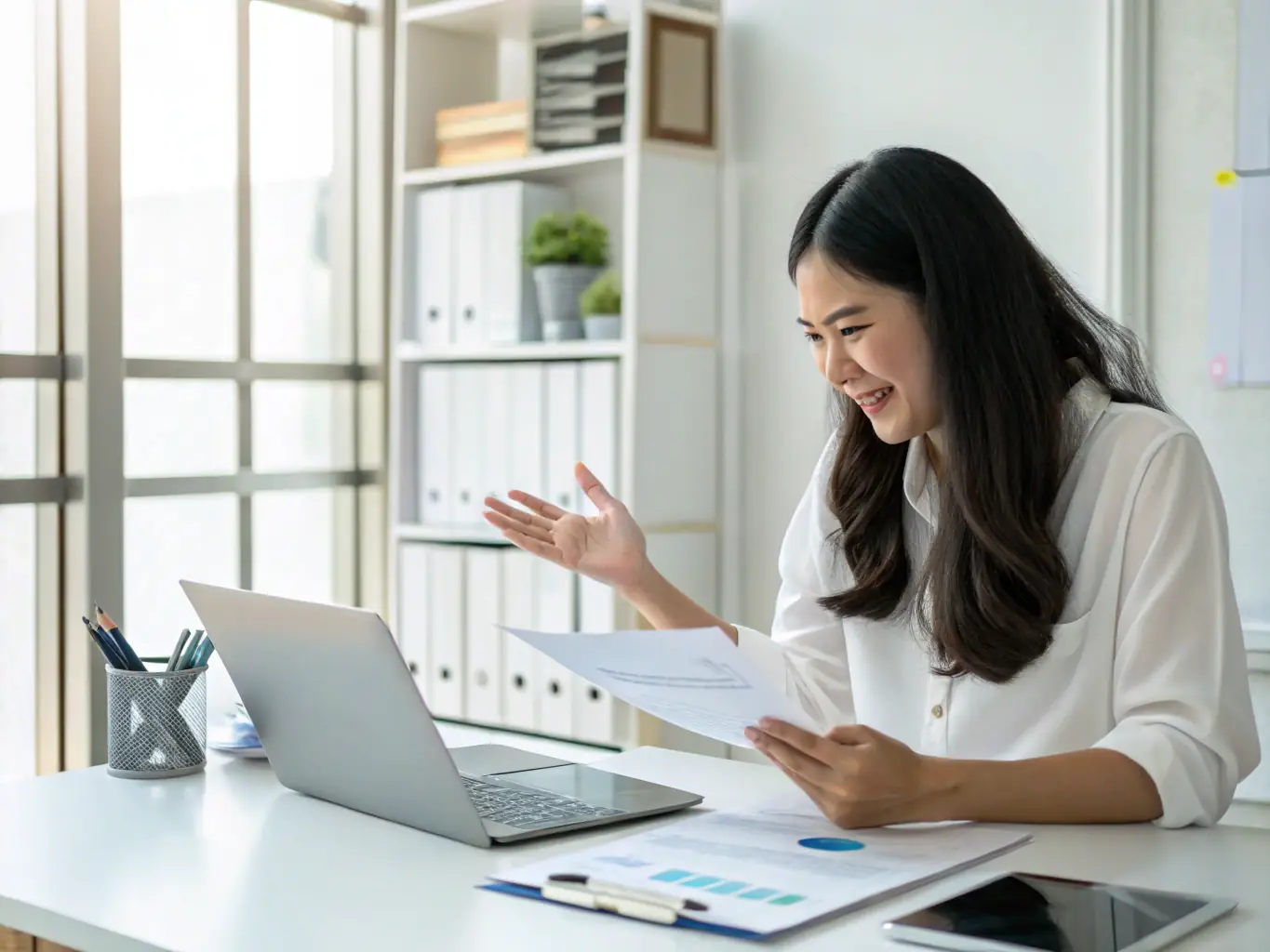 A professional writer is crafting a blog post on a laptop in a modern office setting, surrounded by marketing materials and brainstorming notes, symbolizing content creation.