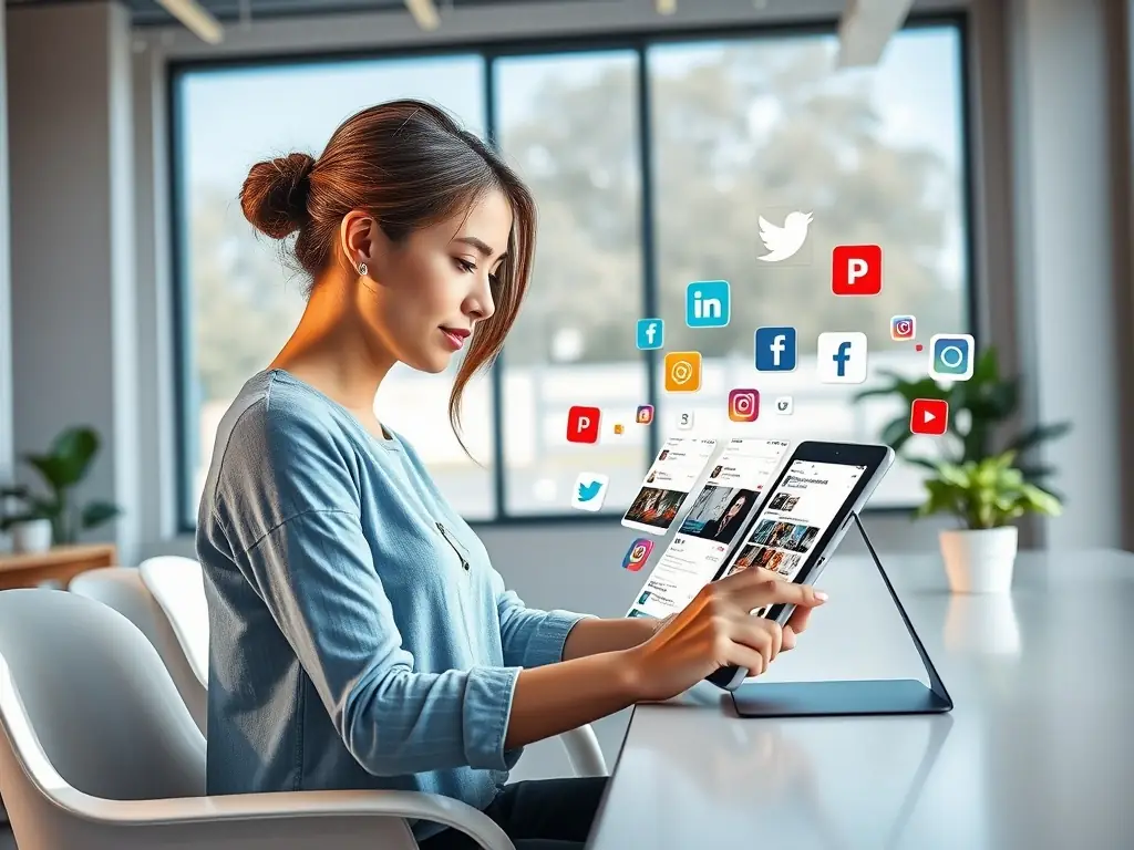 An engaging image of a social media manager interacting with various social media platforms on a tablet, representing effective social media management.
