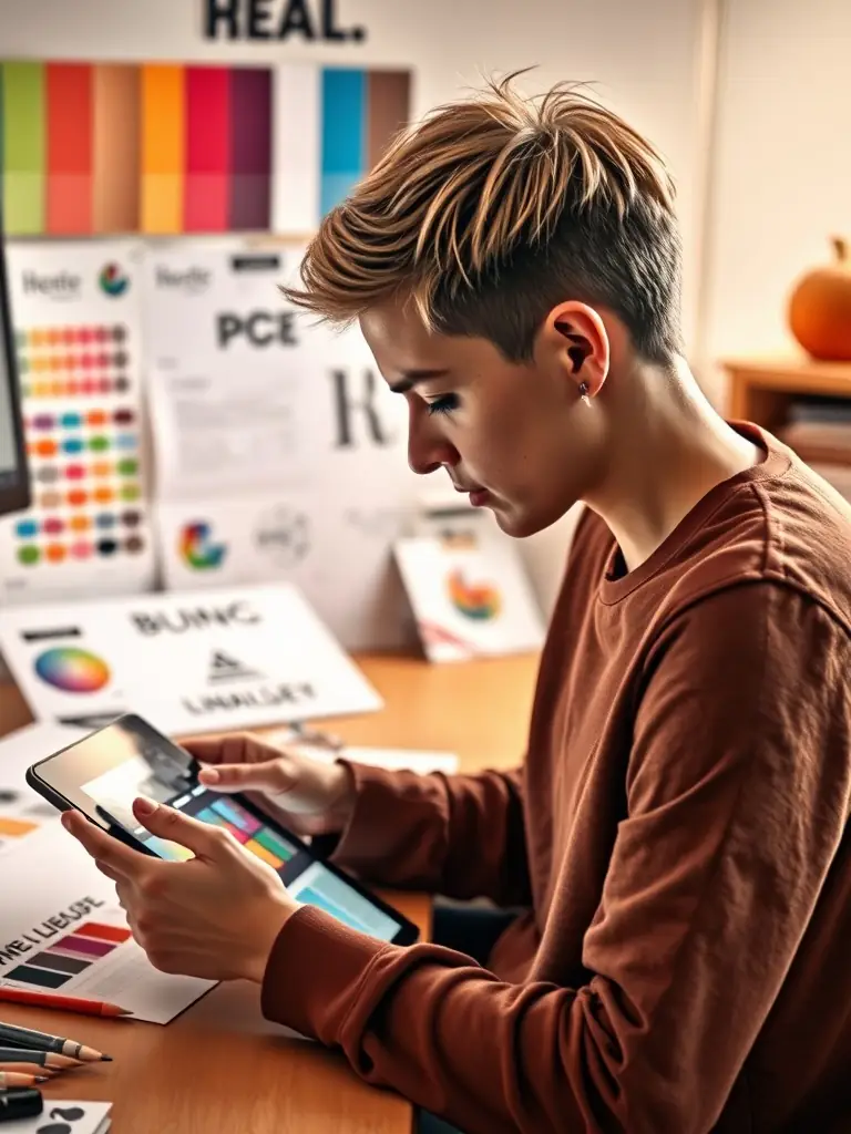 A professional graphic designer creating a logo for a client in a modern, collaborative workspace, emphasizing creativity and precision.