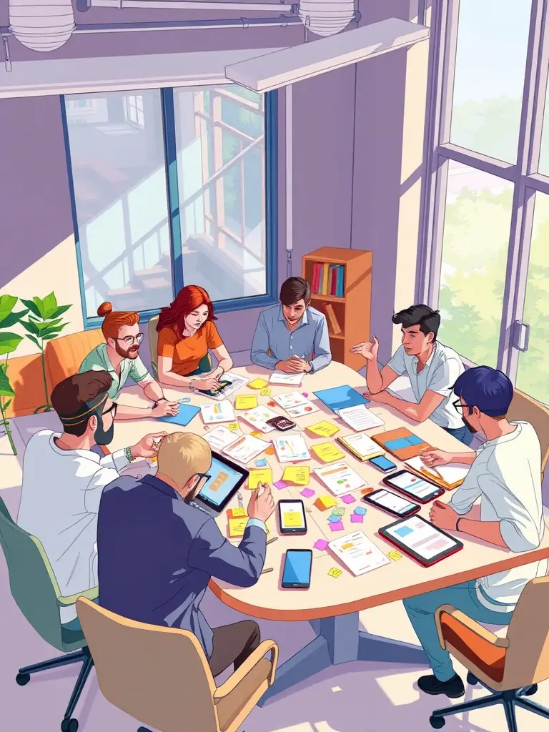 A team brainstorming visual identity concepts using mood boards and digital tools, focusing on aesthetics and brand messaging.