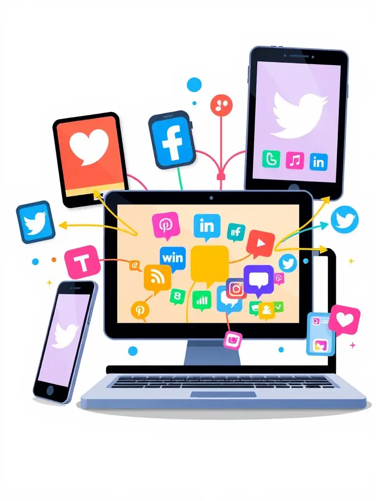 A vibrant image showcasing various social media platforms on different devices, highlighting content engagement and community interaction.