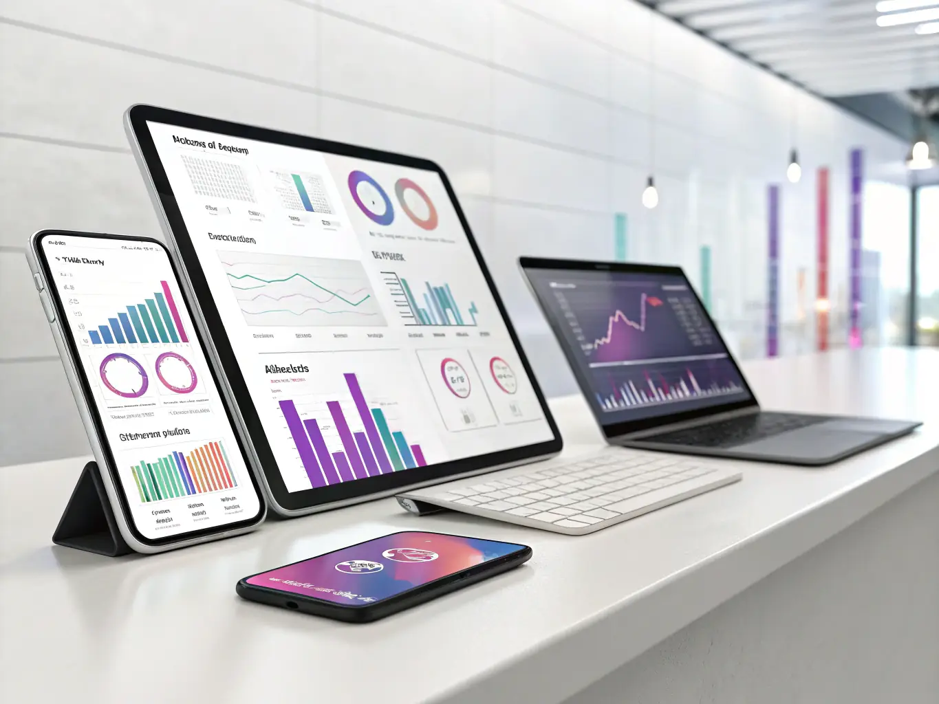 A vibrant image showcasing a diverse range of digital devices displaying various marketing analytics dashboards, symbolizing data-driven digital marketing strategies.